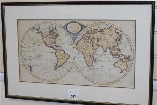 A coloured engraved 19th century map of the World, 28 x 52cm